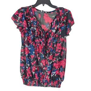 Floral Ruffle Semi Sheer Women's Top‎ Blue Pink Vneck Medium GUC